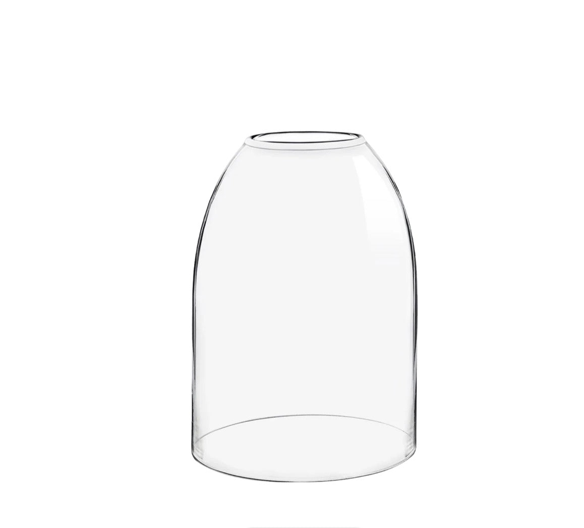 A clear glass cloche vase with a rounded, bell-shaped silhouette and a flat circular base, shown on a solid white background.